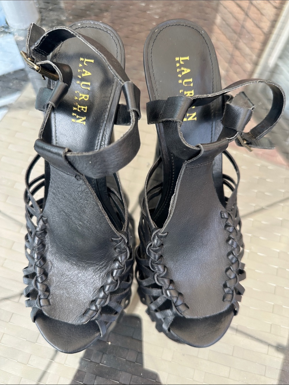 Lauren Ralph Lauren Black Leather Woven Platform Heels Size 10B